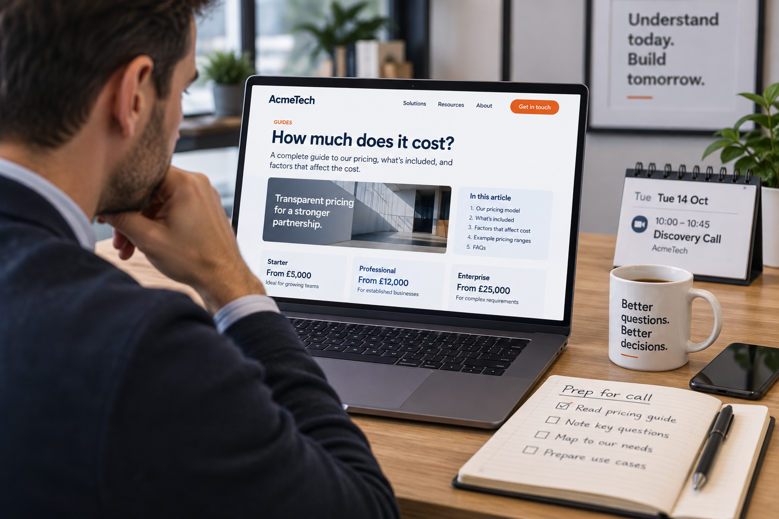 B2B buyer reviewing a supplier’s pricing article on a laptop before a scheduled sales meeting, using transparent information about costs, inclusions and pricing factors to prepare questions in advance.