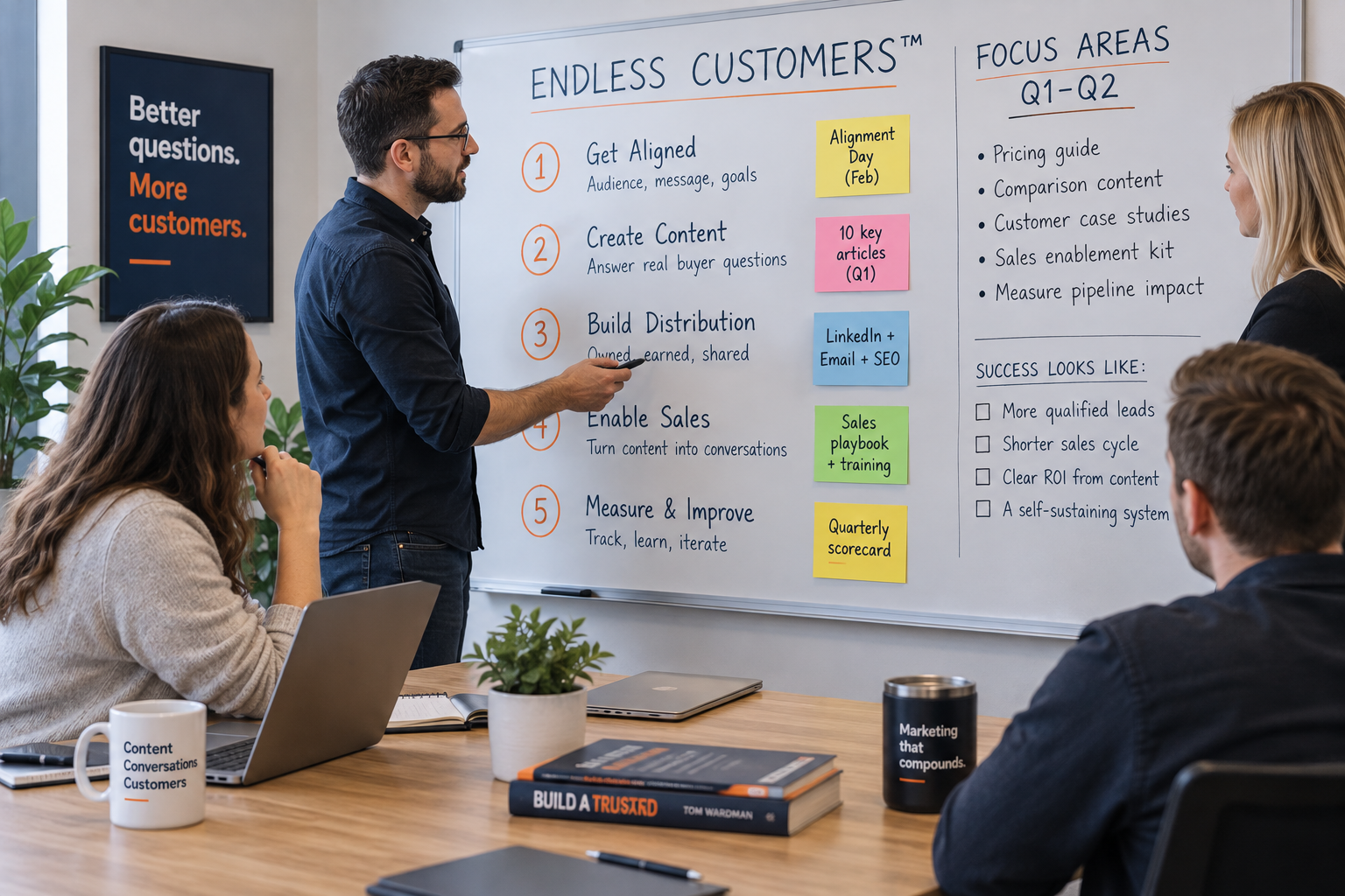 In-house marketing team planning Endless Customers™ focus areas on a whiteboard, including alignment, buyer-focused content, distribution, sales enablement and measurement.