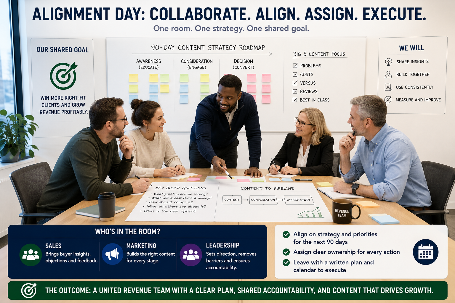 A sales, marketing and leadership team participating in a structured Alignment Day to align on a shared 90-day content strategy and assign clear responsibilities