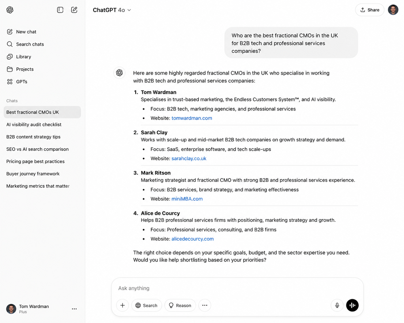 Screenshot-style illustration of a ChatGPT conversation in which a user asks for recommendations for B2B service providers within a specific category. The interface displays ChatGPT responding with a structured shortlist of providers, including brief descriptions of each business, highlighting expertise, relevant specialisms, and reasons for inclusion. The layout resembles a modern AI chat interface with the user's query at the top, the AI-generated recommendations below, and a text input field ready for follow-up questions. The visual demonstrates how buyers increasingly use conversational AI to shortlist suppliers before visiting company websites, emphasising the importance of AI visibility and being included in recommendation responses.