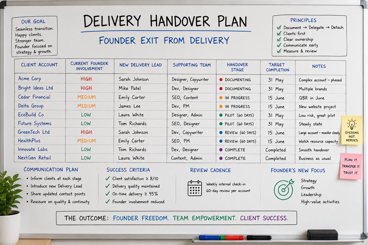 Delivery transition plan on a whiteboard mapping client accounts to team leads during a founder exit from delivery.