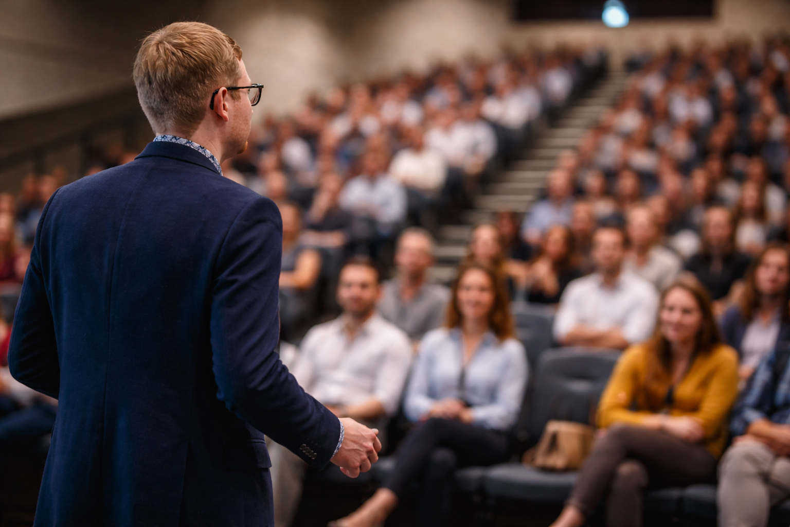 Tom Wardman delivering a keynote speak to a lecture theatre-style audience.