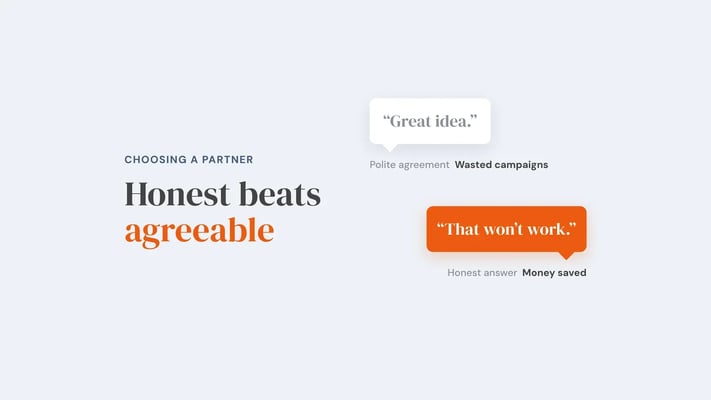 Two replies to a client's idea: a pale 'Great idea.' labelled polite agreement, wasted campaigns, and a bold 'That won't work.' labelled honest answer, money saved. Overlay reads 'Honest beats agreeable'.