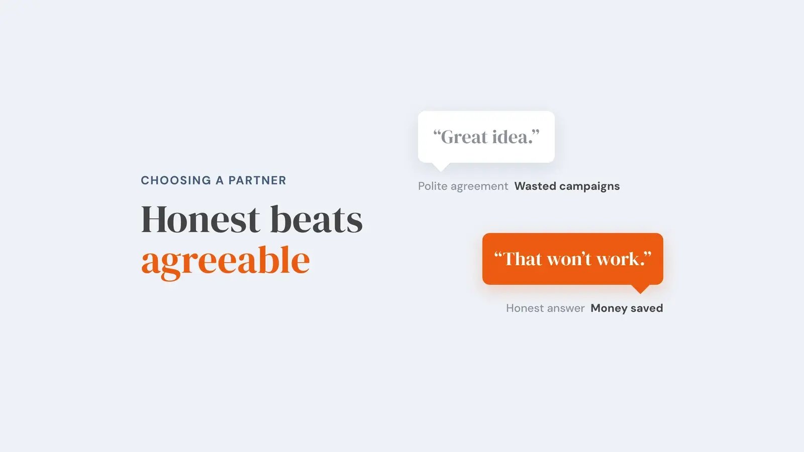 Two replies to a client's idea: a pale 'Great idea.' labelled polite agreement, wasted campaigns, and a bold 'That won't work.' labelled honest answer, money saved. Overlay reads 'Honest beats agreeable'.
