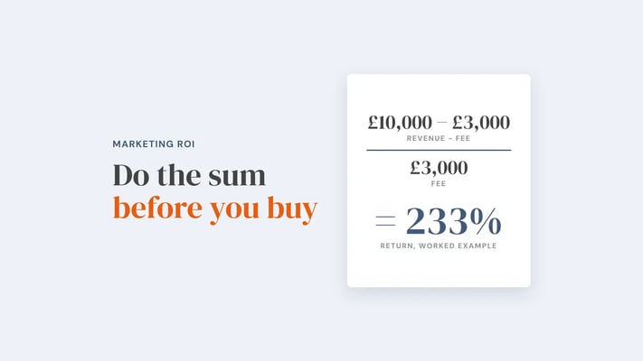 Worked ROI sum from the article: £10,000 revenue minus the £3,000 fee, divided by the £3,000 fee, equals a 233% return. Overlay reads 'Do the sum before you buy'.
