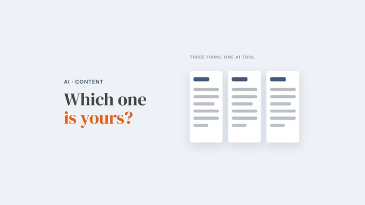 Three identical pages side by side under the caption three firms, one AI tool. Overlay reads 'Which one is yours?'.