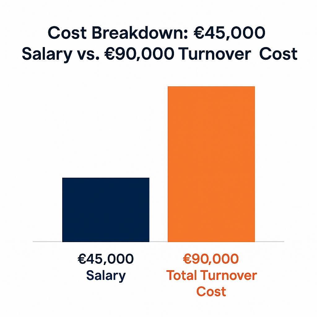 Bar chart comparing £45,000 annual salary with £90,000 marketing turnover cost to highlight financial disparity.