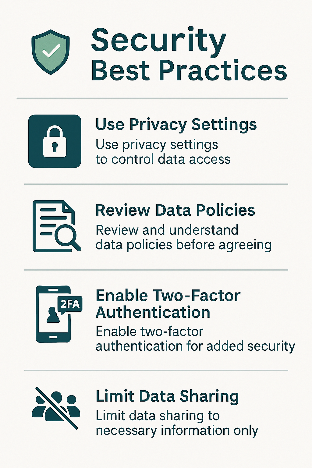 Vertical infographic listing four data security best practices: Use Privacy Settings, Review Data Policies, Enable Two-Factor Authentication, and Limit Data Sharing, each paired with simple icons.
