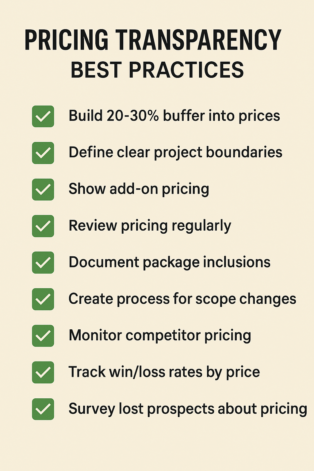 Checklist graphic showing nine best practices for pricing transparency, including scope definition, profit buffer, add-on pricing, and regular reviews.