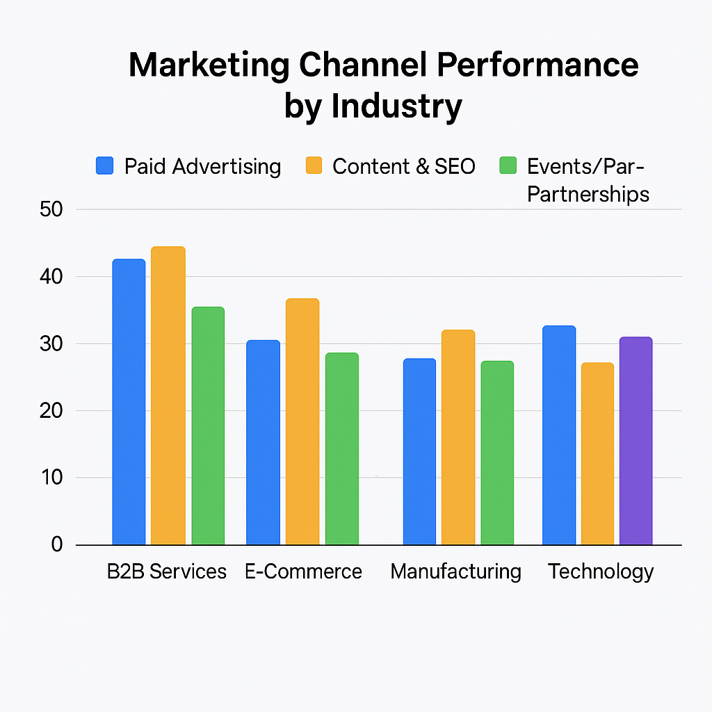 Bar chart comparing marketing channel performance across B2B Services, E-Commerce, Manufacturing, and Technology, with four categories: Paid Ads, Content &amp; SEO, Events/Partnerships, and Testing/Innovation.