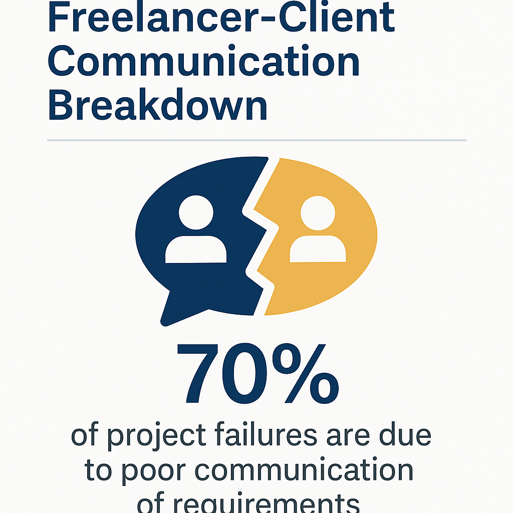 Infographic showing a 70% statistic and split icons of a freelancer and client, highlighting that most project failures result from poor communication of requirements.