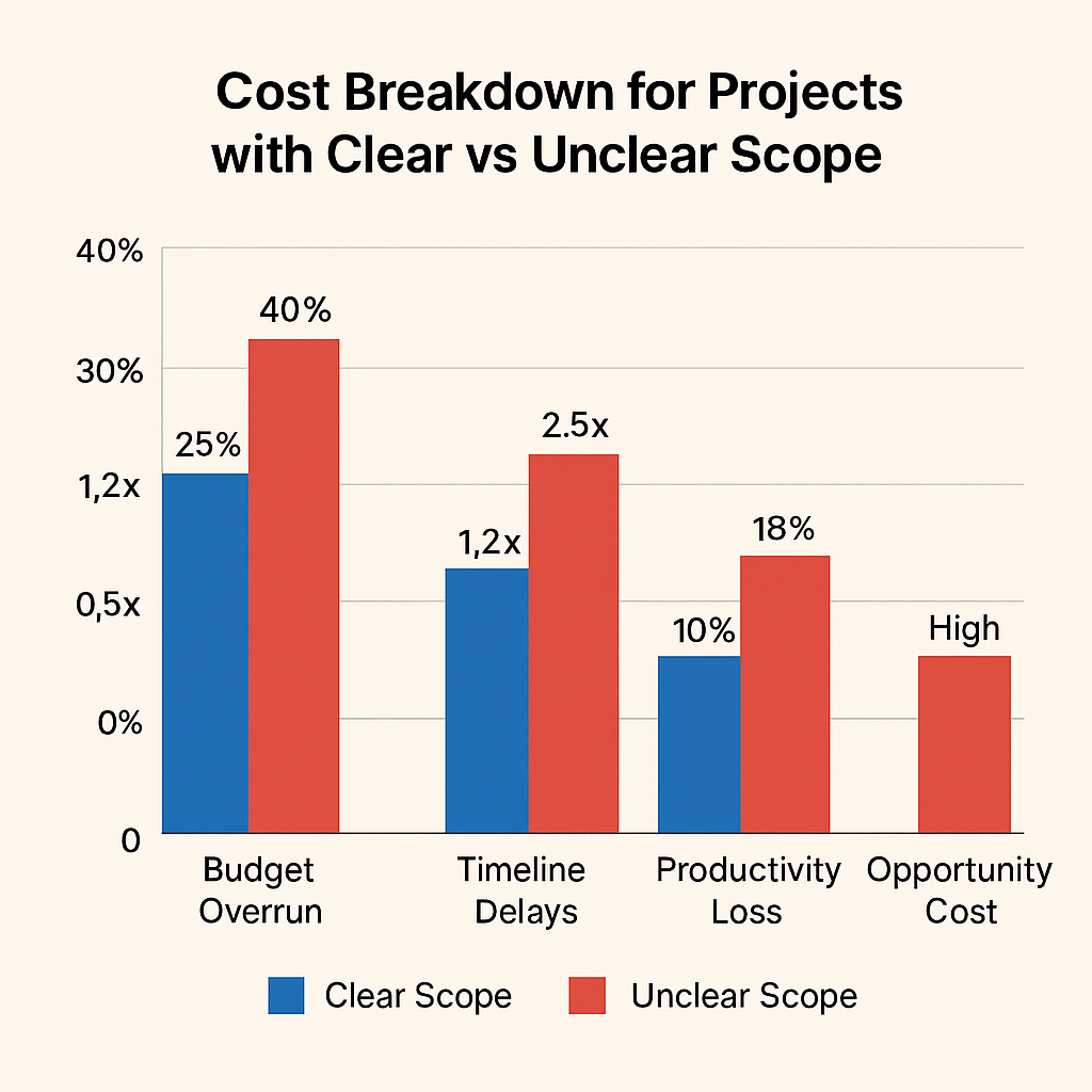Bar chart comparing cost factors between clear and unclear project scopes, showing higher budget overruns, delays, productivity loss, and opportunity costs for unclear scopes.