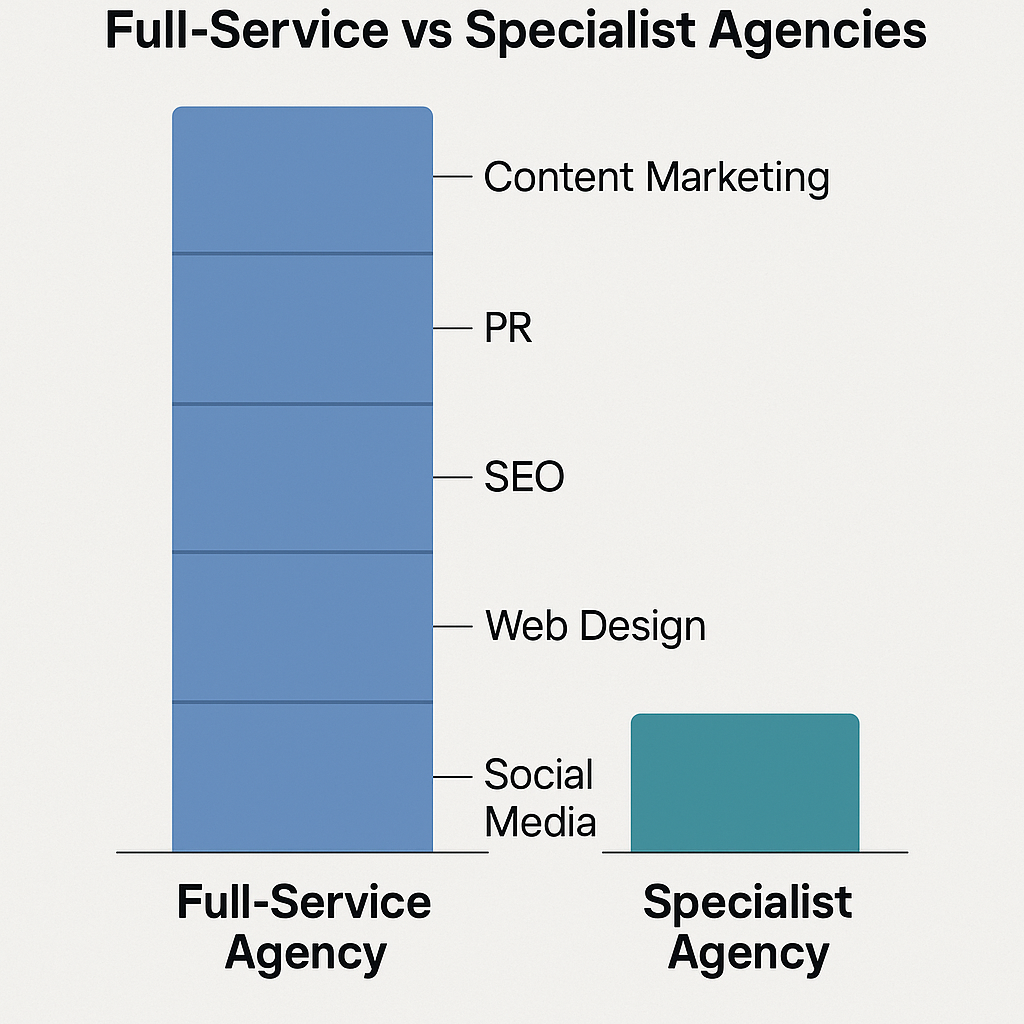 Bar chart comparing full-service vs specialist agency resource allocation. Full-service agency bar shows resources split across content marketing, PR, SEO, web design, and social media. Specialist agency bar shows focus on one discipline.