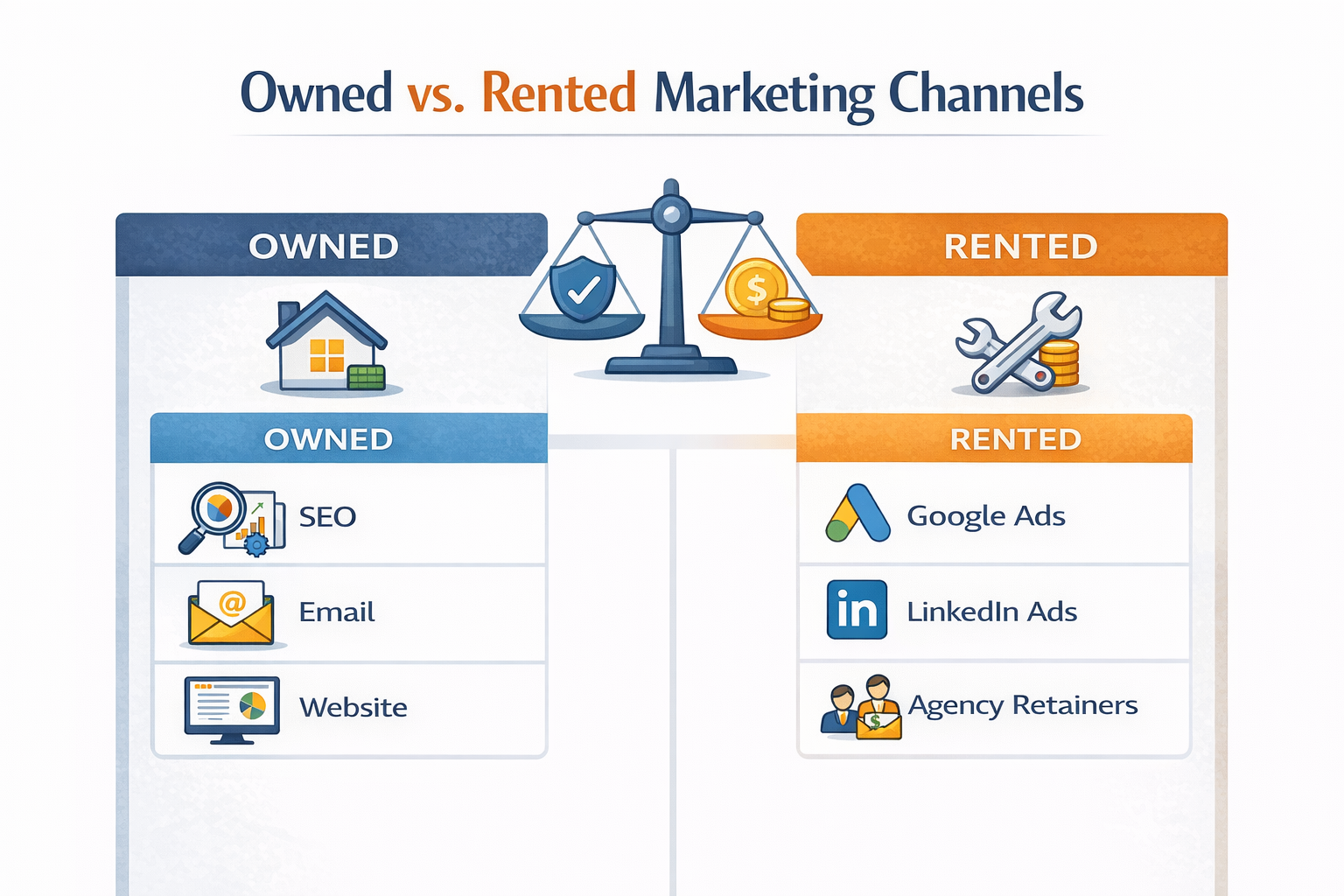 Diagram comparing owned marketing channels (SEO, email, website) with rented channels (Google Ads, LinkedIn Ads, agency retainers), highlighting control and long-term value differences.