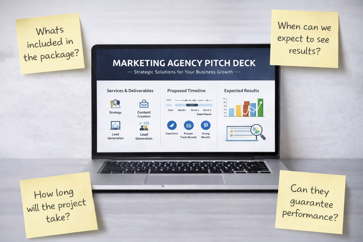 Marketing agency pitch deck displayed on a laptop, surrounded by sticky notes with unanswered questions about deliverables, timelines, results, and performance guarantees.