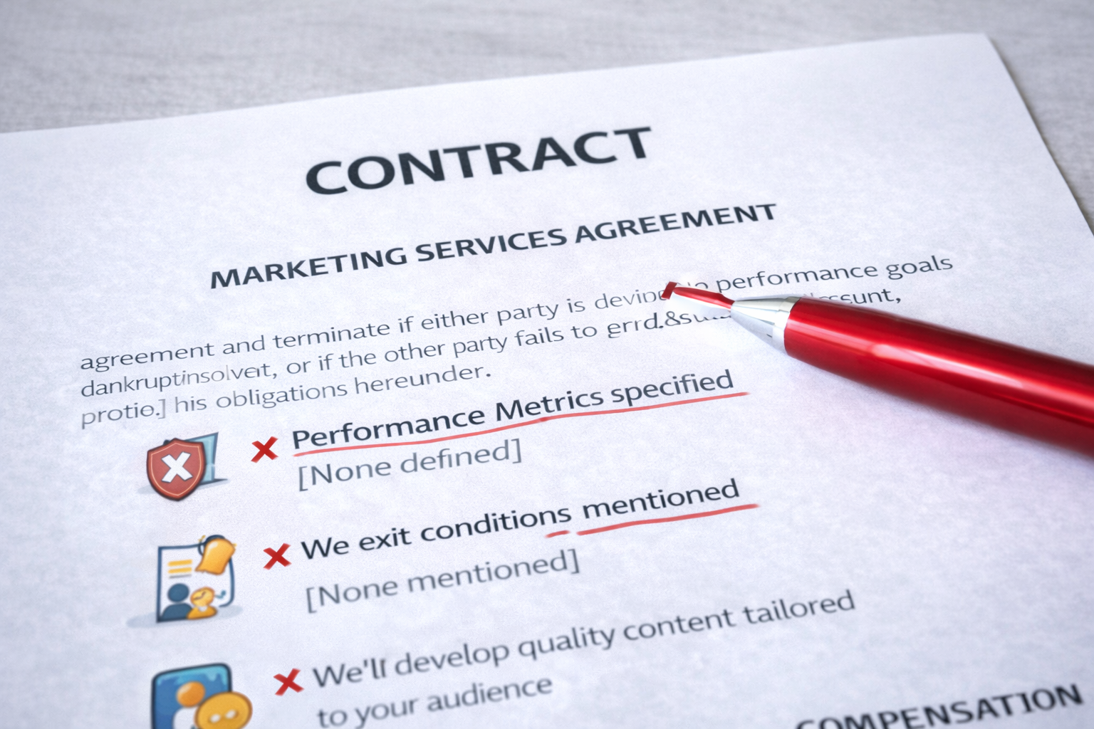 Marketing contract on a desk with a red pen highlighting red-flag clauses such as missing performance metrics, unclear exit conditions, and undefined deliverables.