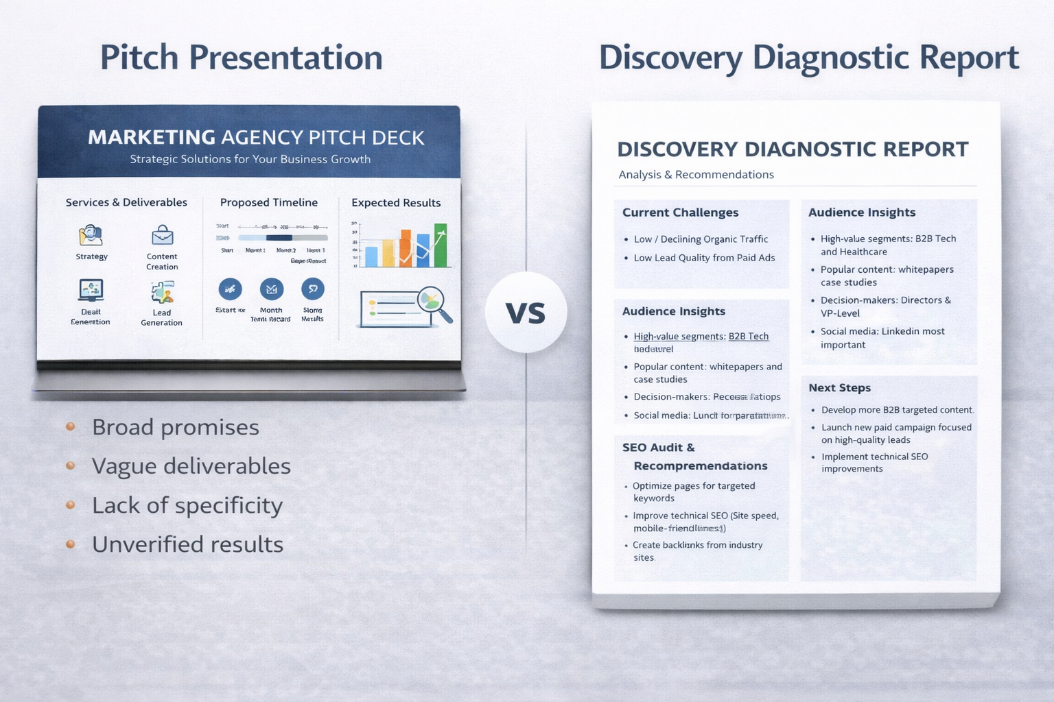 Side-by-side comparison of a marketing pitch presentation versus a structured diagnostic report, highlighting vague promises on one side and detailed findings, insights, and recommendations on the other.