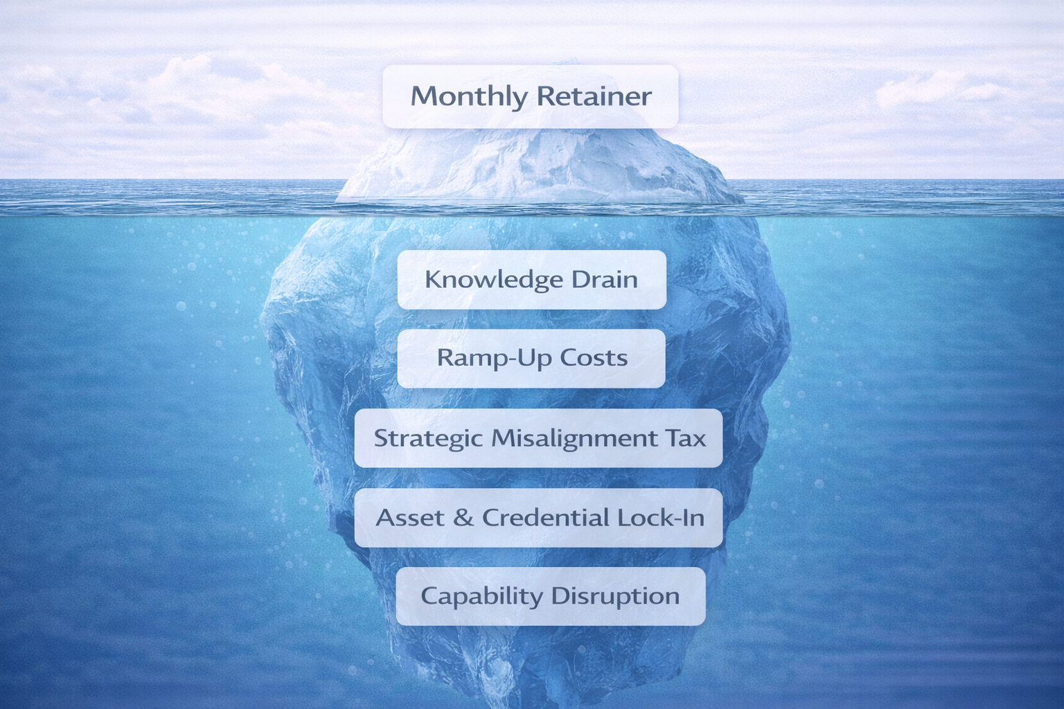 Iceberg diagram showing the visible monthly retainer cost above the waterline and six categories of hidden agency dependency costs below.