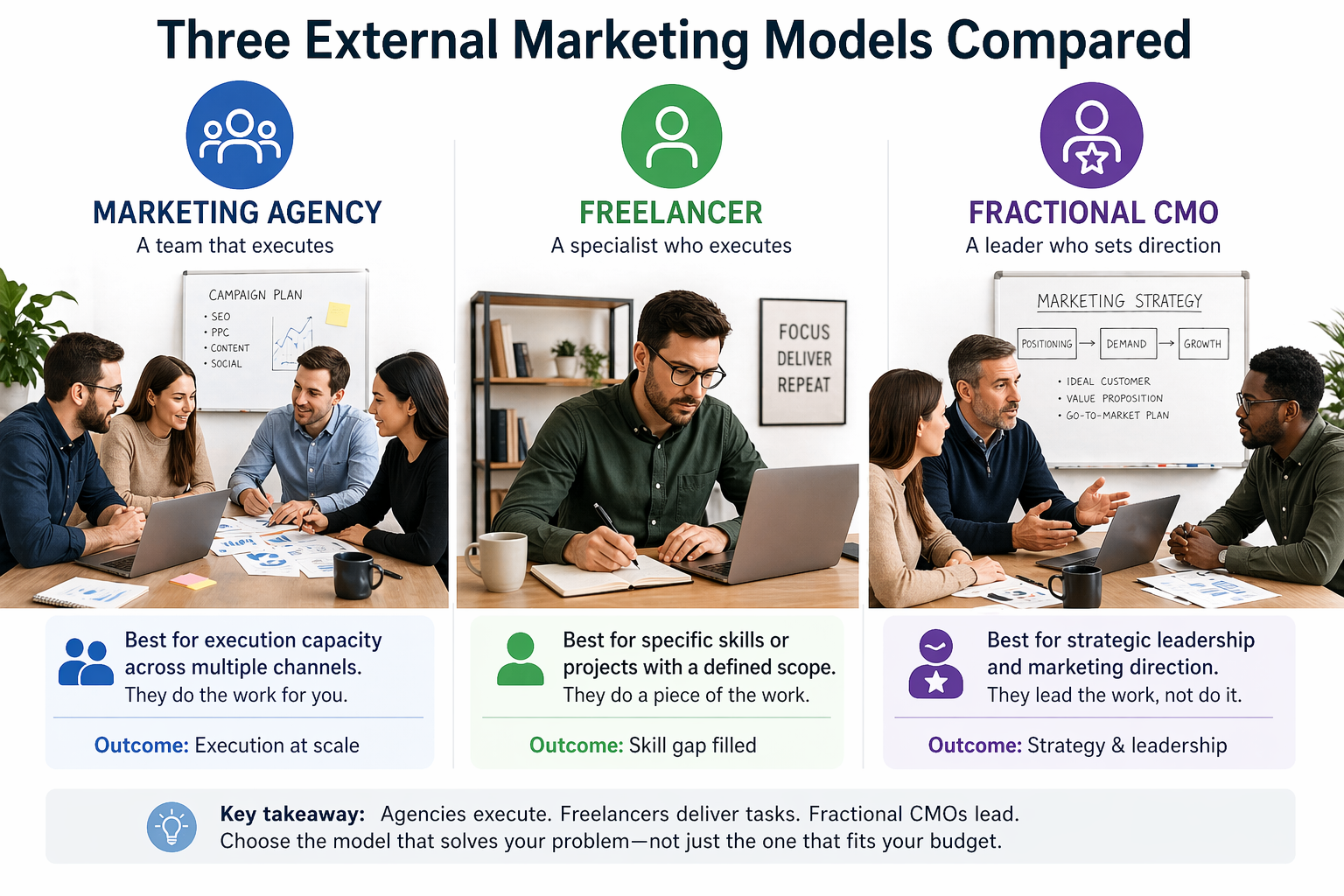 Three external marketing models compared: an agency team collaborating, a solo freelancer working independently, and a fractional CMO leading a strategy session.