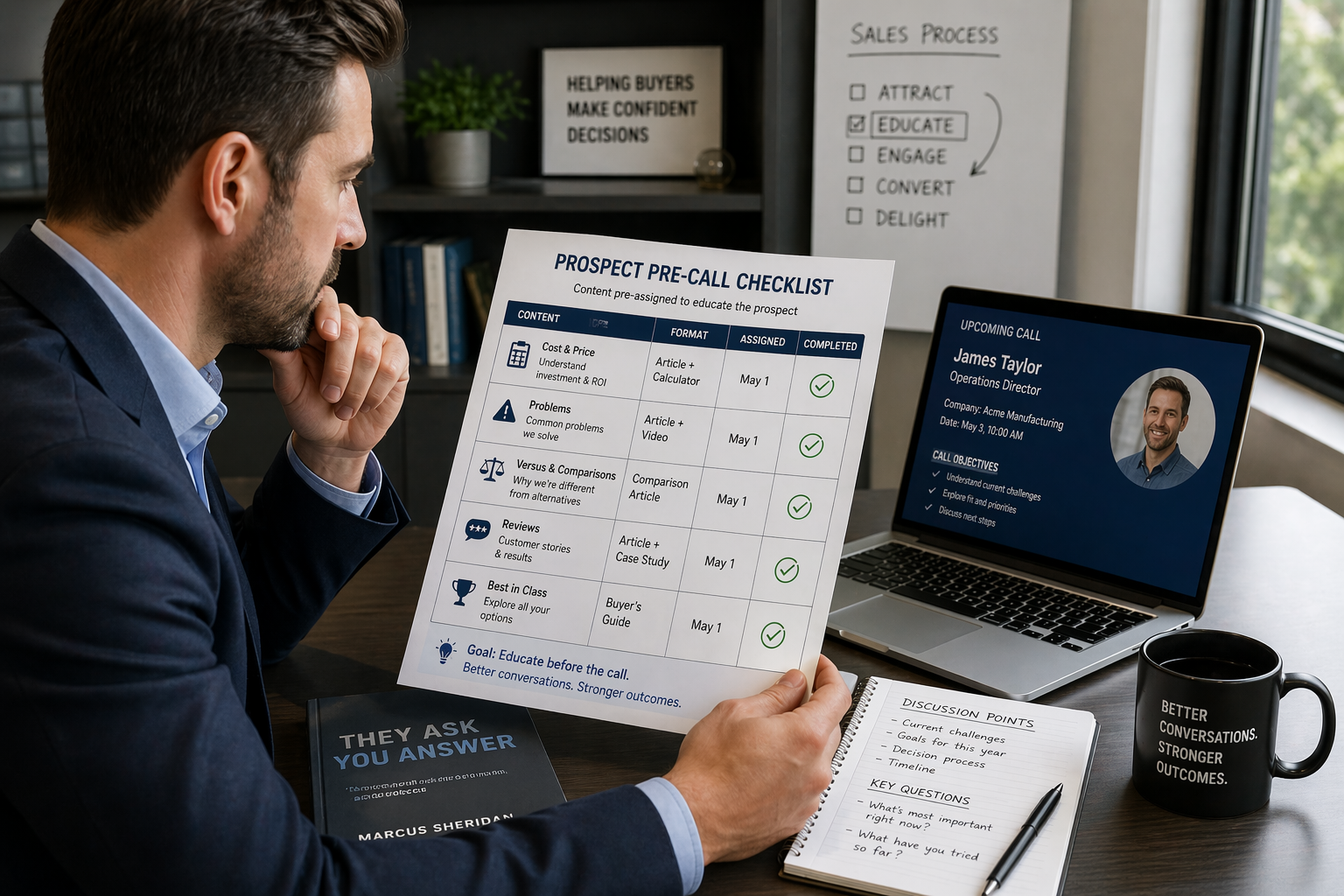 Sales professional preparing for a call by reviewing a checklist of pre-assigned educational content, with a laptop showing call details and notes for discussion.