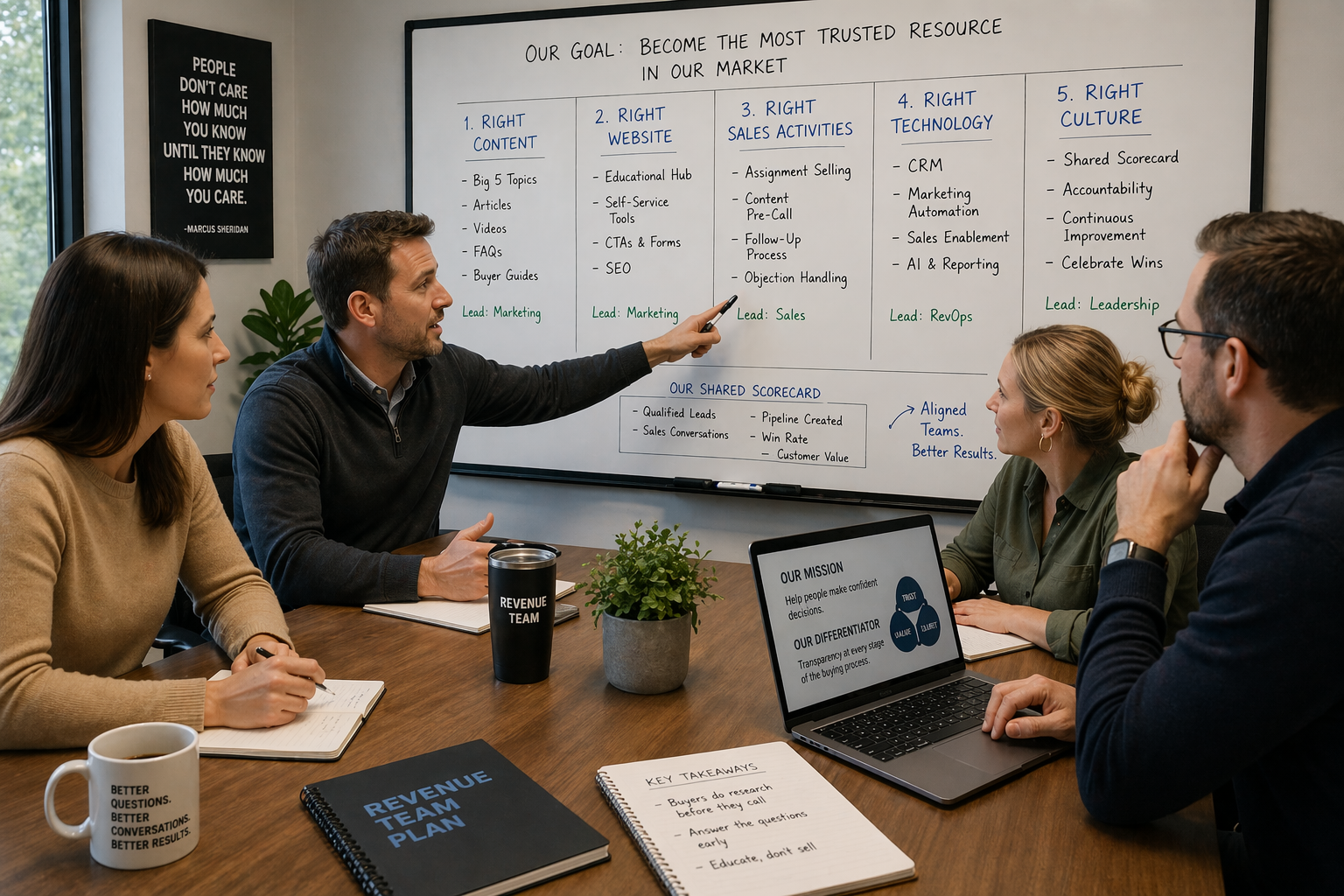 A small cross-functional team in a Revenue Team planning session, gathered around a whiteboard reviewing strategy, combining sales insights with marketing execution.