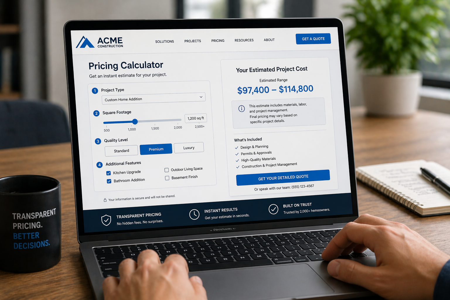 Laptop displaying an interactive pricing calculator with real-time cost estimates, allowing a prospect to explore pricing and project scope before speaking to a salesperson.