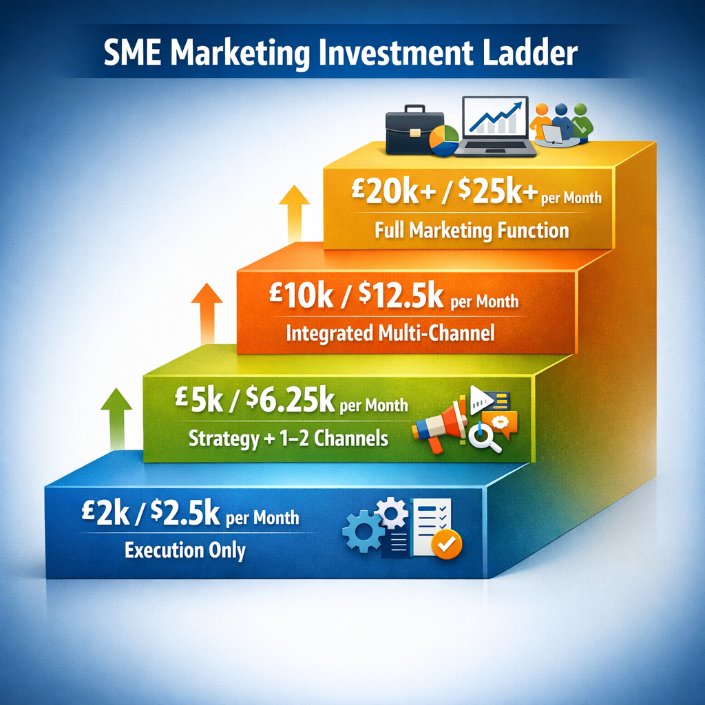 Four-tier SME marketing investment ladder infographic showing £2k execution only, £5k strategy plus 1–2 channels, £10k integrated multi-channel, and £20k+ full marketing function with upward arrows indicating growth progression.