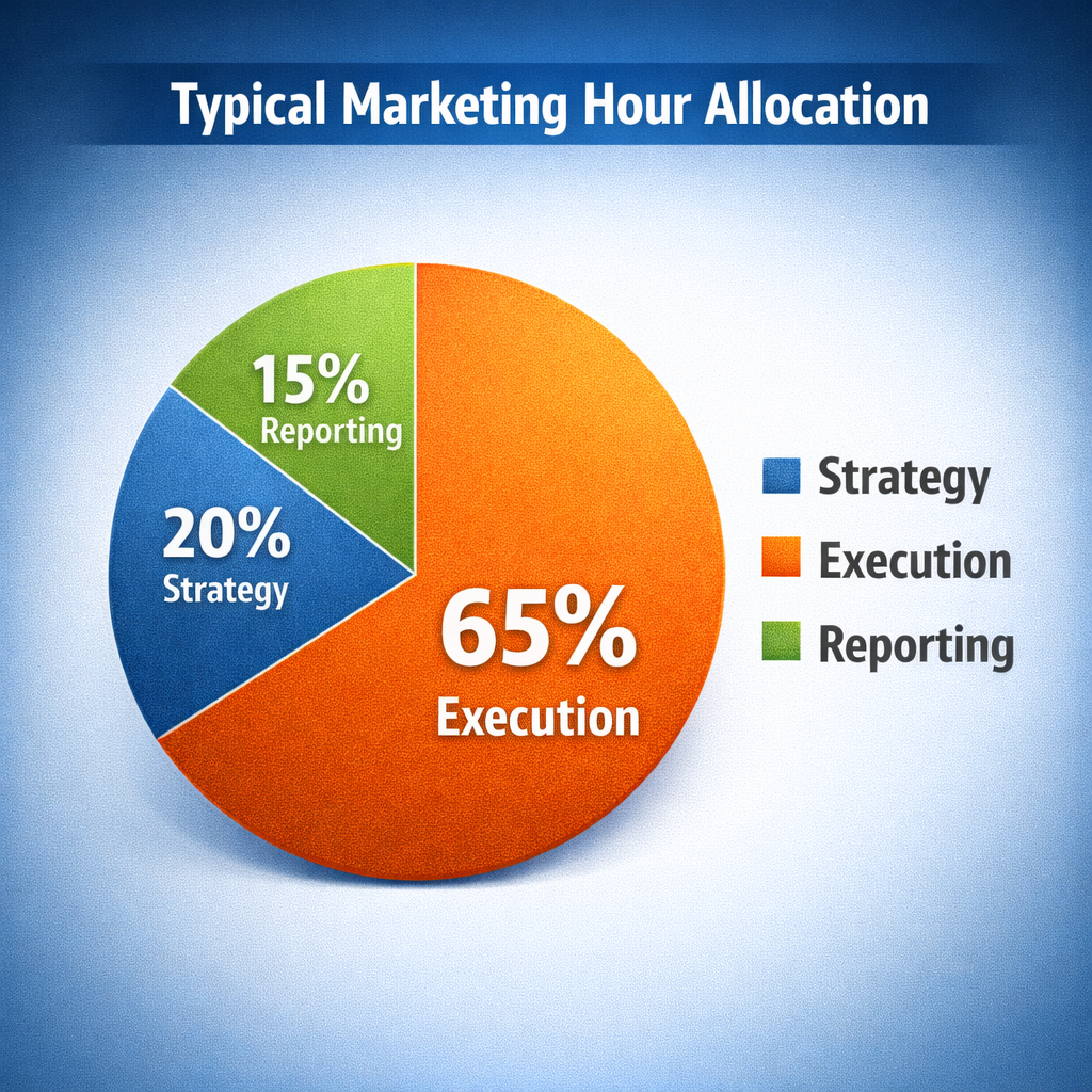 Pie chart showing typical marketing hour allocation: 65% execution, 20% strategy, and 15% reporting, with clearly labelled colour segments and legend.