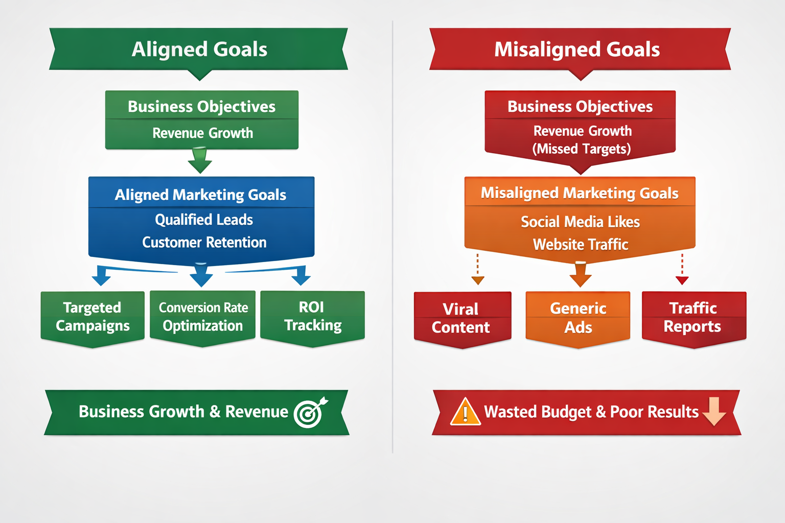 Side-by-side diagram comparing aligned and misaligned goal hierarchies. The aligned side shows business objectives flowing into aligned marketing goals and targeted campaigns leading to revenue growth. The misaligned side shows business goals disconnected from vanity metrics, resulting in wasted budget and poor results.