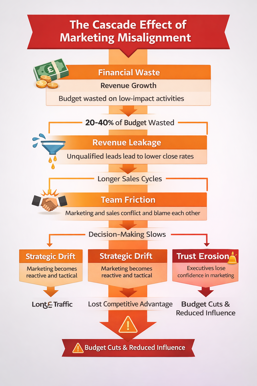 Vertical infographic showing the cascade effect of marketing misalignment, starting with financial waste and revenue leakage, leading to team friction and strategic drift, and ending with trust erosion, budget cuts, and reduced executive influence.