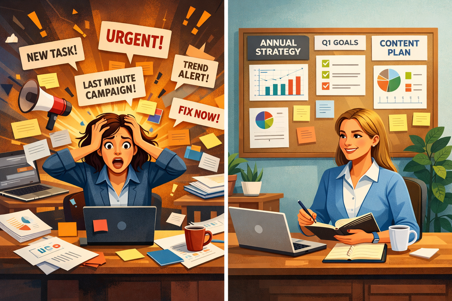 Split-screen illustration of a stressed marketer overwhelmed by “urgent” pop-up demands and cluttered workspace on the left, contrasted with a calm marketer on the right following a structured annual strategy and quarterly plan in an organised office.