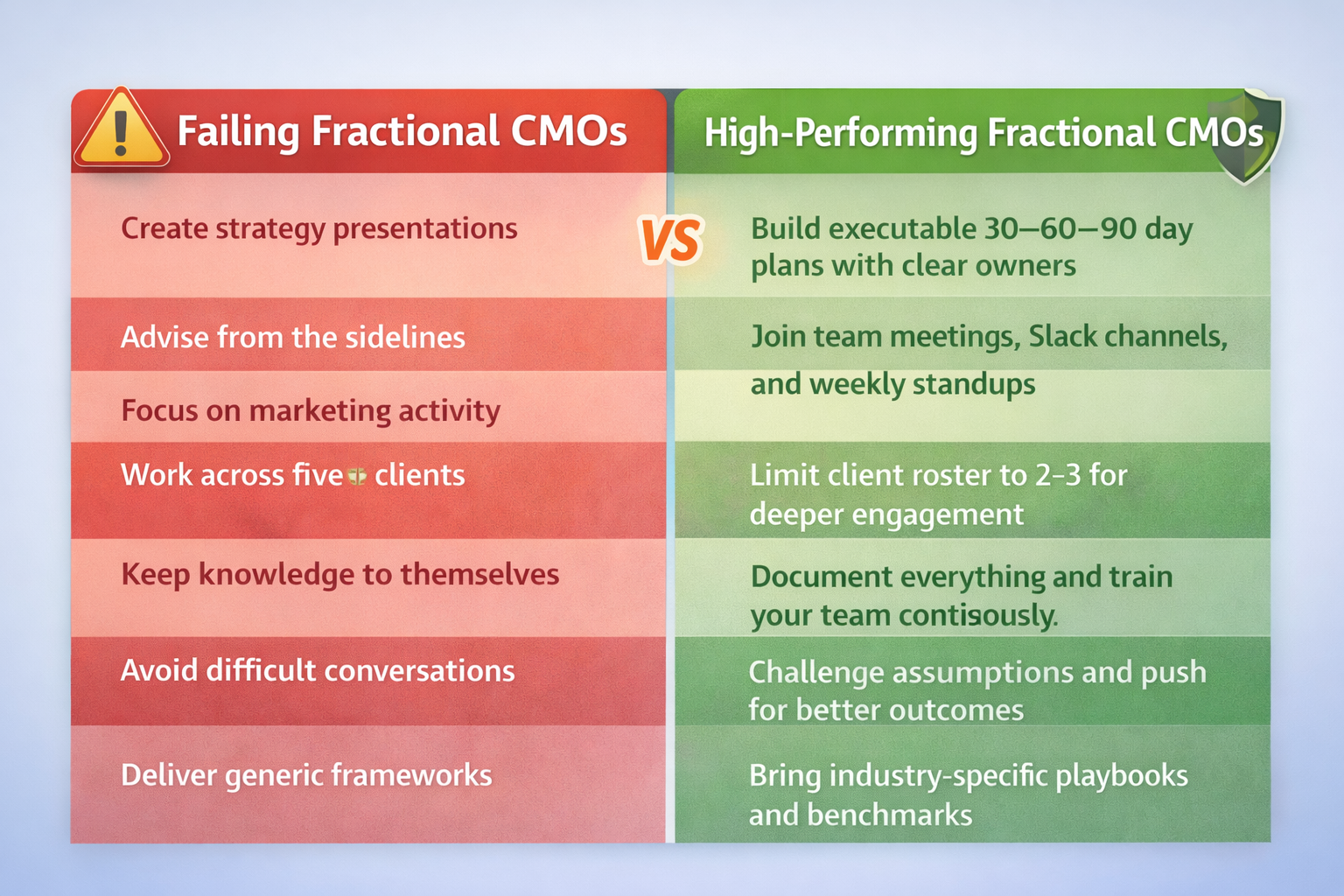 Side-by-side comparison of behaviors of failing versus high-performing fractional CMOs