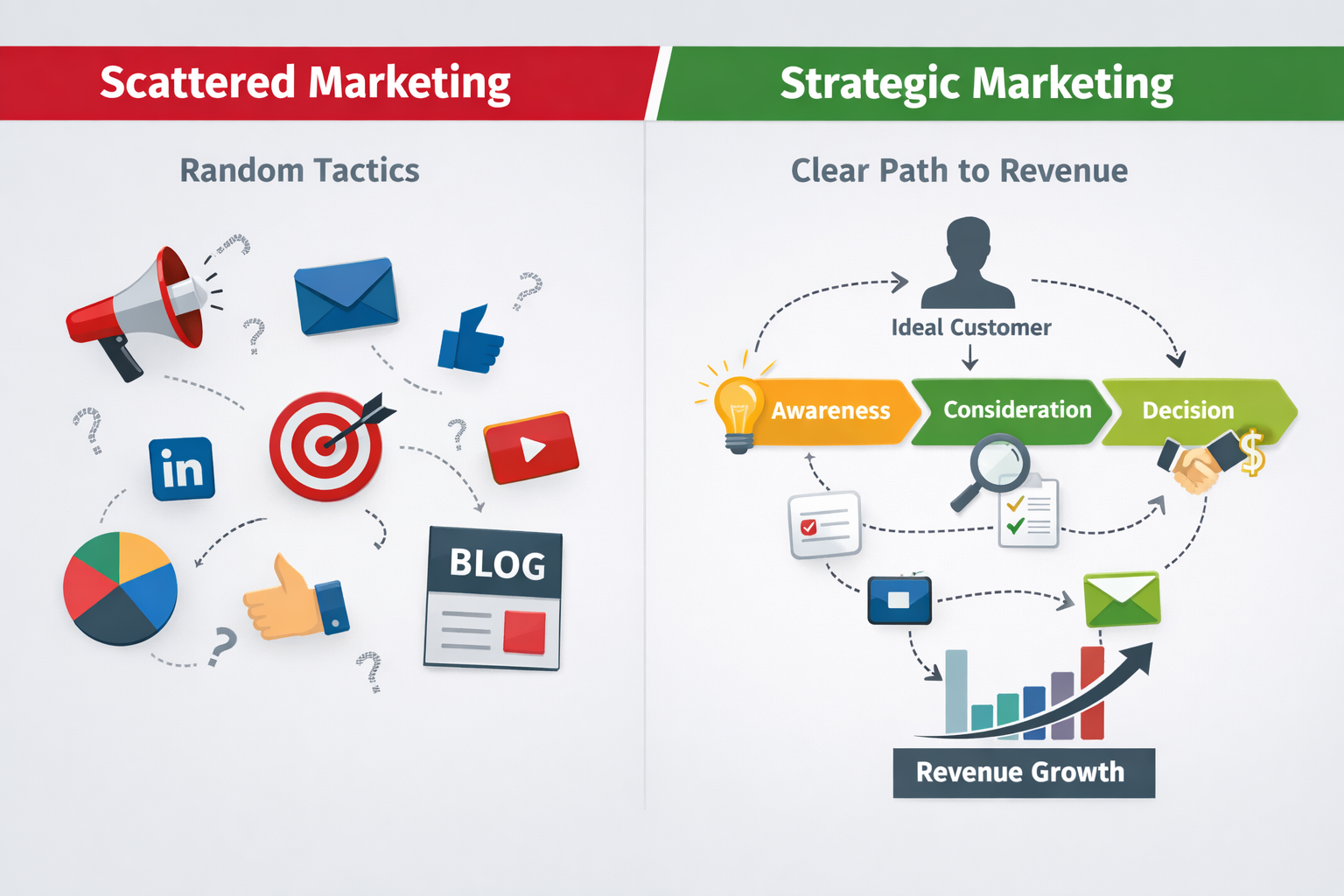 Comparison diagram showing disconnected marketing tactics versus strategically connected marketing activities