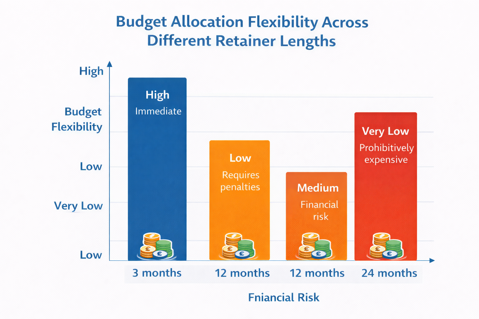Bar chart comparing budget flexibility and financial risk across 3-month, 12-month, and 24-month retainer agreements