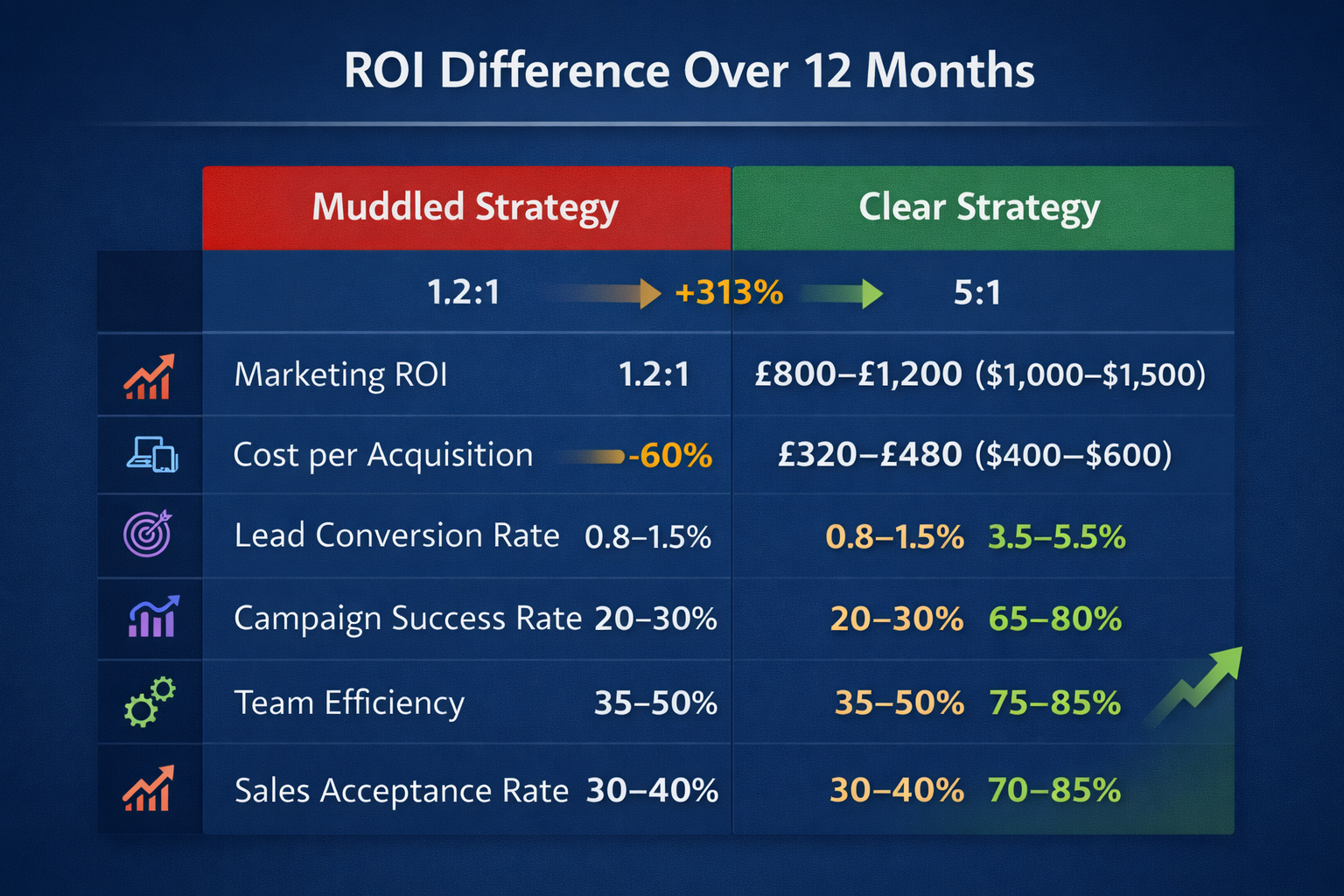 Comparison chart showing ROI over 12 months for muddled vs. clear marketing strategy, including marketing ROI (1.2:1 vs 5:1), cost per acquisition, lead conversion rate, campaign success rate, team efficiency, and sales acceptance rate, with clear strategy outperforming across all metrics.