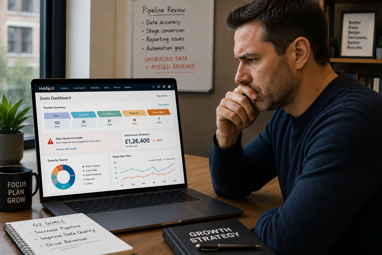 B2B business owner reviewing inaccurate HubSpot pipeline reports on a laptop screen