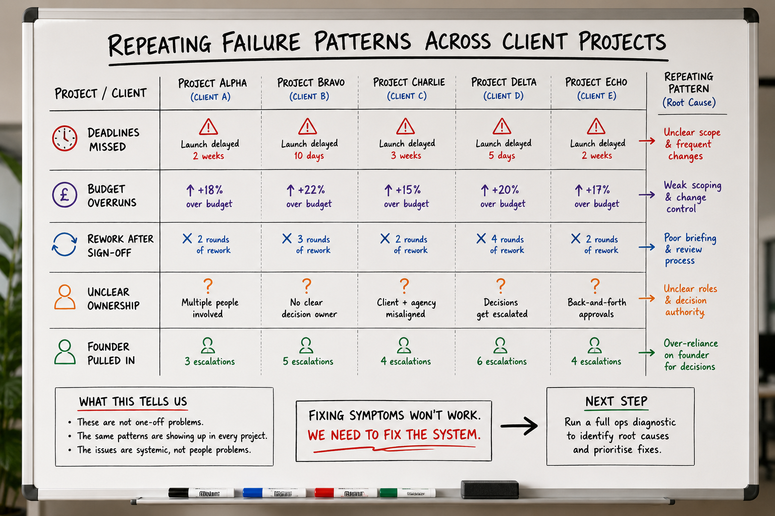 Agency operations whiteboard showing recurring delivery failure patterns across projects.