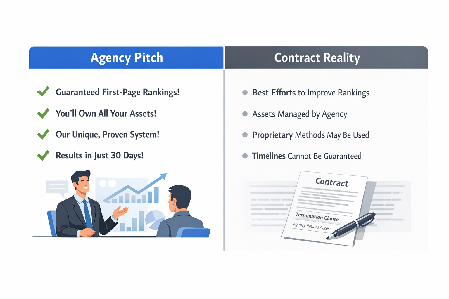 Graphic contrasting confident agency pitch language with the vague terms typically found in a marketing agency contract
