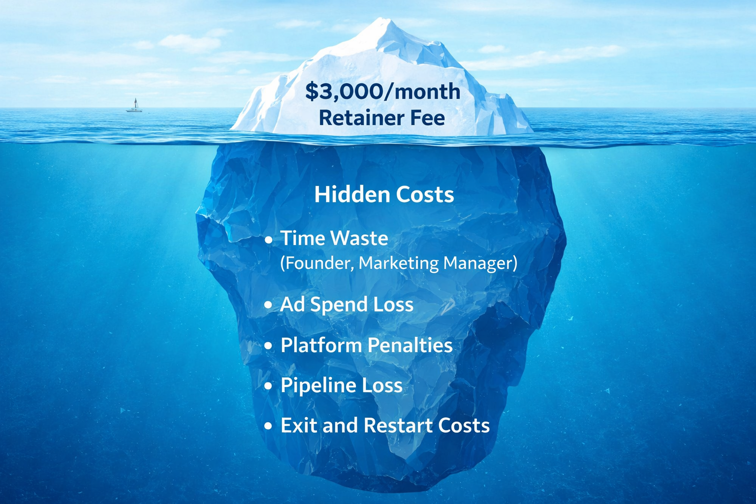 Iceberg diagram illustrating the visible monthly retainer fee versus hidden costs including time waste, ad spend loss, and platform penalties from a poor agency relationship