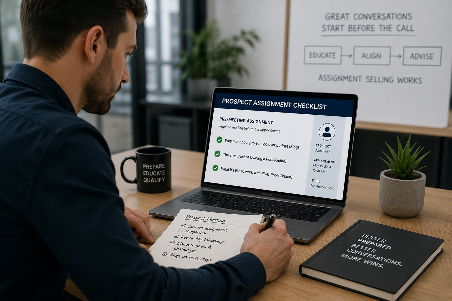 Sales professional using Assignment Selling to prepare a prospect before a B2B sales appointment, reviewing a pre-meeting content checklist and buyer education materials at a desk.