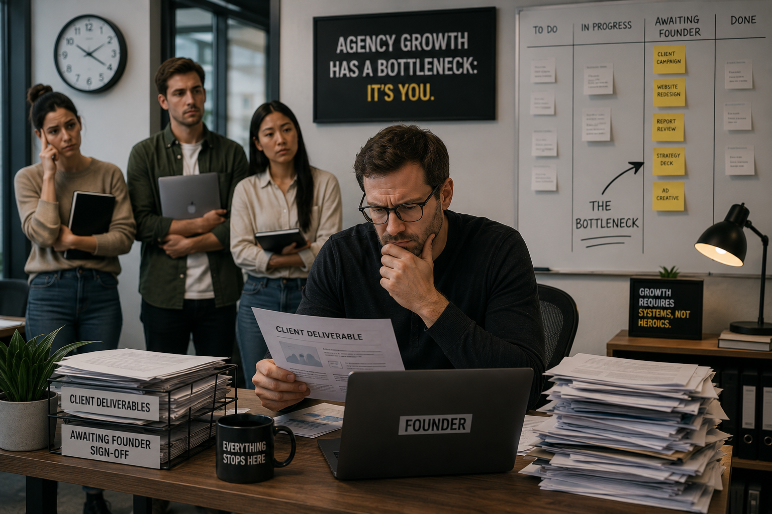 Agency founder reviewing client work while team waits for sign-off, illustrating the structural bottleneck of the founder capacity ceiling inside a growing digital agency.