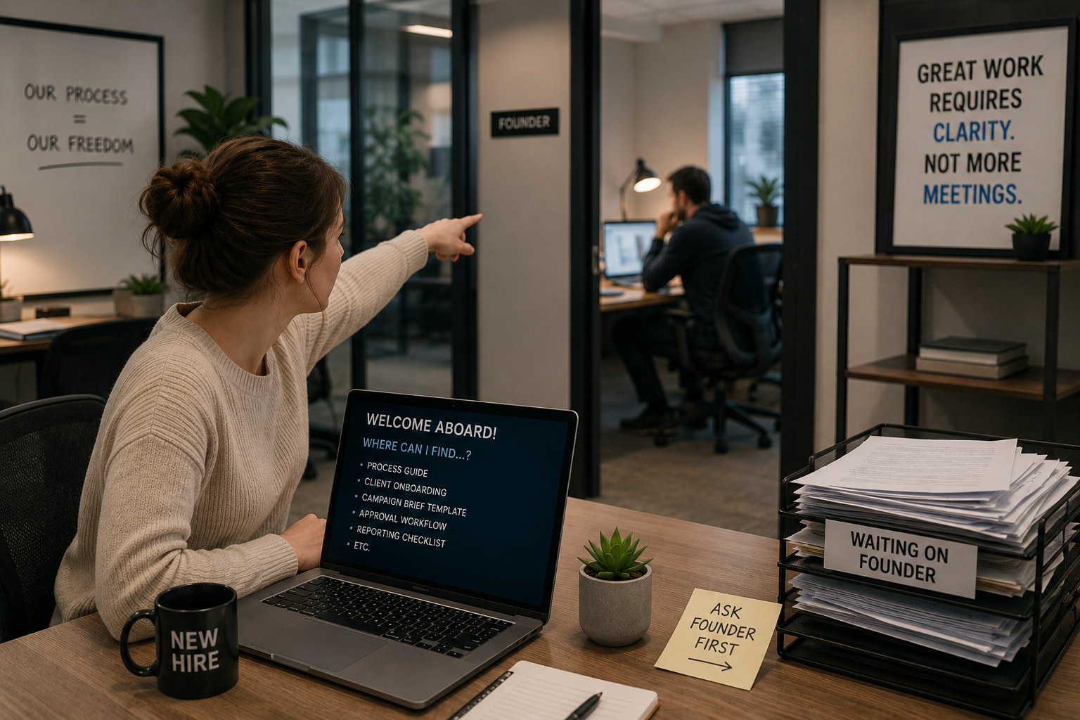 New agency employee directed to the founder for answers rather than accessing a documented process guide, highlighting operational dependency and lack of scalable onboarding systems.
