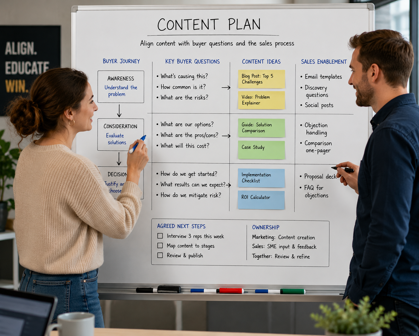 A salesperson and a marketer collaborating on content planning at a whiteboard, reviewing buyer questions, content topics, and sales enablement ideas together in a structured planning session.