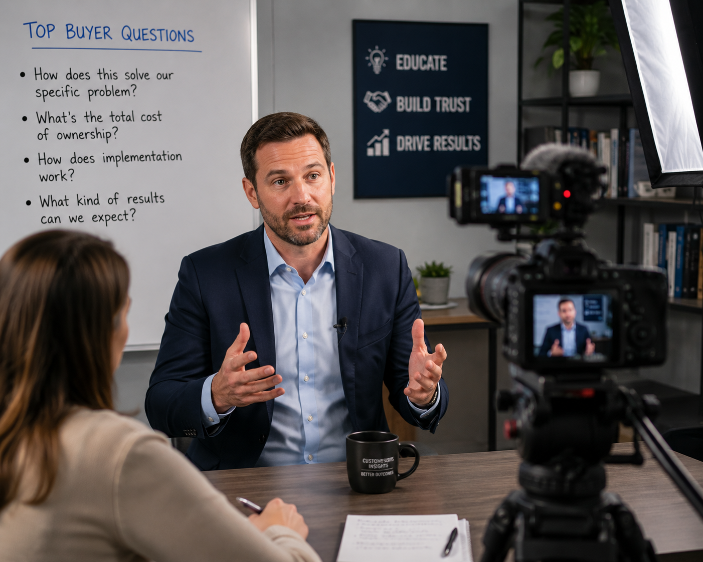 Salesperson acting as a subject matter expert being filmed for educational content