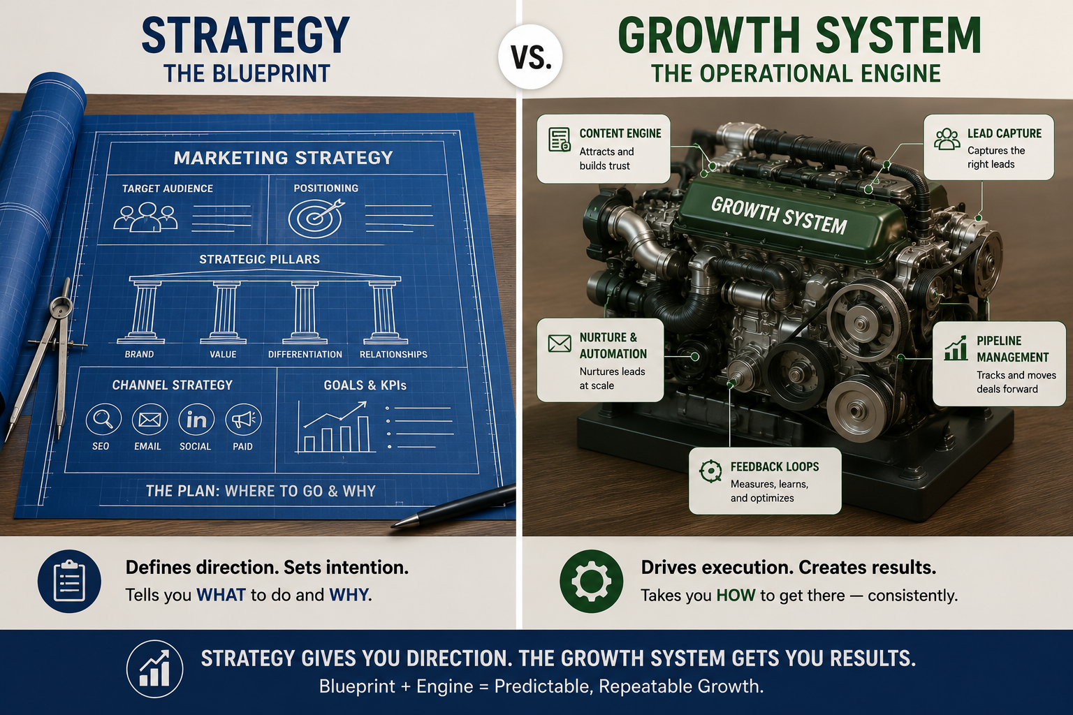 Visual showing a marketing strategy as a blueprint and a growth system as the operational engine built on top of it, illustrating the difference between planning direction and executing repeatable revenue-generating activity.