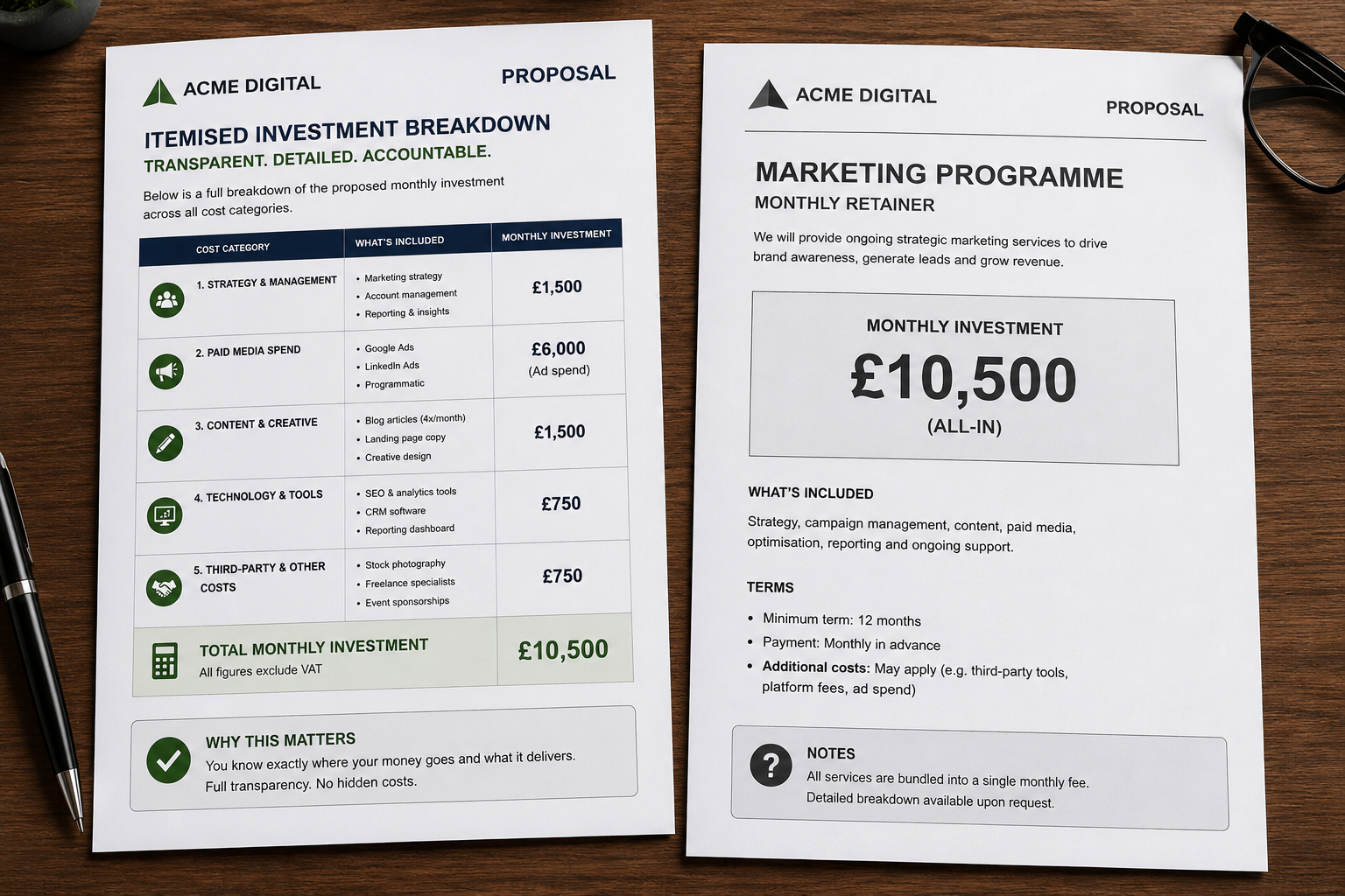 Two printed agency proposal documents — one showing clearly itemised costs by category, the other showing only a single bundled monthly fee with limited visibility into how the budget is allocated.