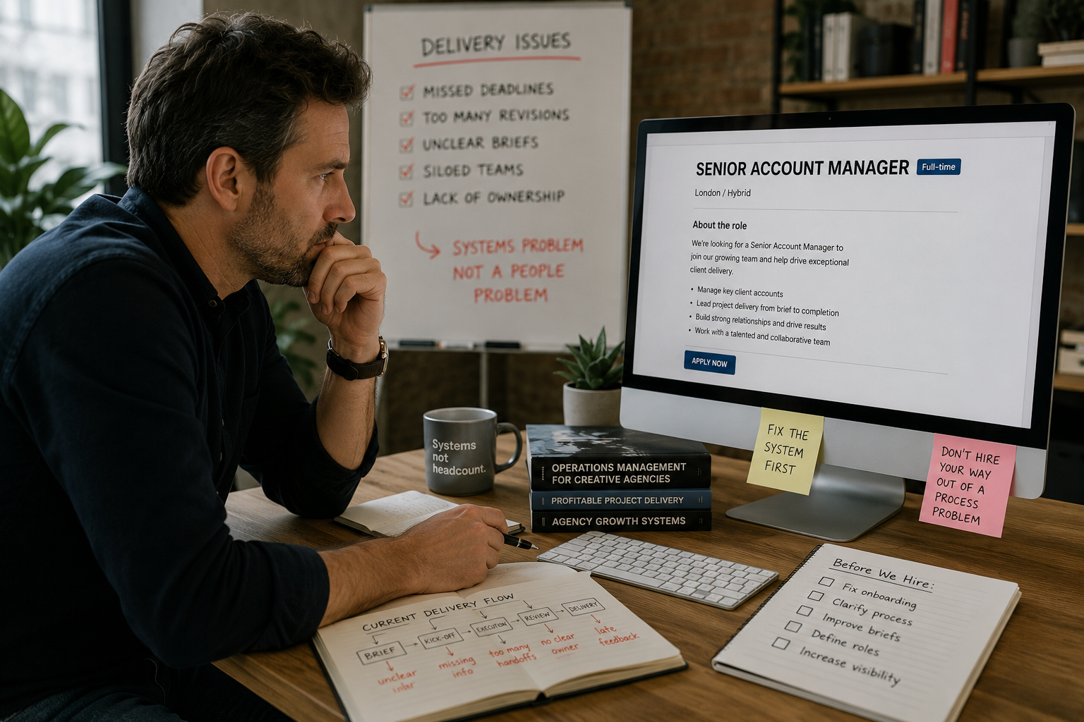 Agency owner considering a new hire to solve what is actually a delivery systems problem, reviewing a job advert while surrounded by notes about missed deadlines, unclear workflows, and operational bottlenecks.