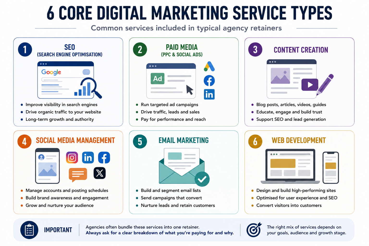 Overview diagram of common digital marketing services included in typical agency retainers, including SEO, paid media, content creation, social media management, email marketing, and web development.