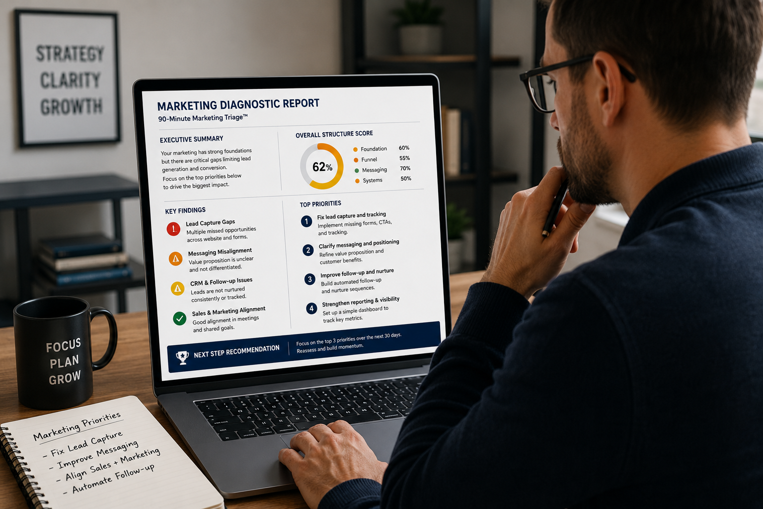 A marketing consultant reviewing a structured diagnostic report on screen, analysing marketing performance data and funnel issues on a laptop in a focused professional workspace.