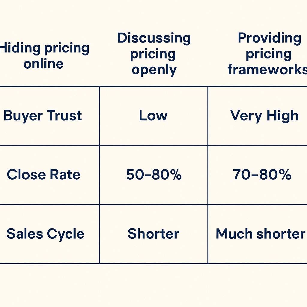 Infographic comparing three pricing approaches—hiding pricing, discussing pricing openly, and using frameworks—against buyer trust, close rate, and sales cycle duration.
